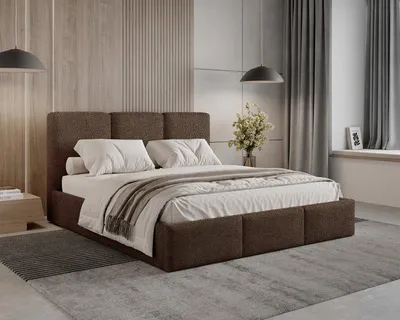 Image de Lit rembourré 160 x 200 Elora Bouclé – Lit avec coffre de rangement et sommier à lattes, lit moderne avec espace de rangement, lit de chambre à coucher, tissu bouclé tendance – Marron
