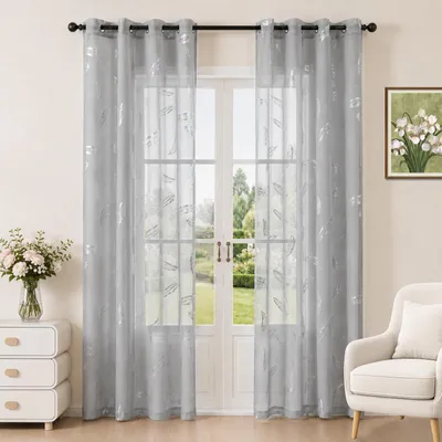 Voile-Gardinen 2er-Set 140x245 cm, Federmotiv Silberfolie, Grau