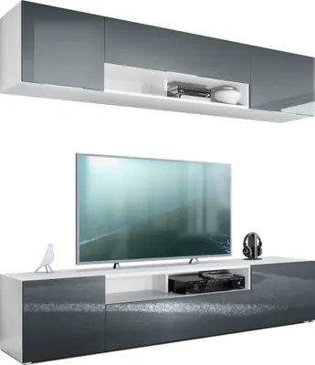 Produktbild von Vladon Wohnwand Mogan, Weiß matt/Grau Hochglanz - Moderne Anbauwand bestehend aus 2 TV-Boards (181 x 147 x 35 cm)