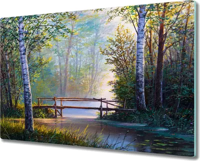 Produktbild von Coloray Herdabdeckplatte 80x52 cm Schneidebrett Kochplattenabdeckung Küchenbrett Hackbrett - Wald-Fluss-Brücke Natur