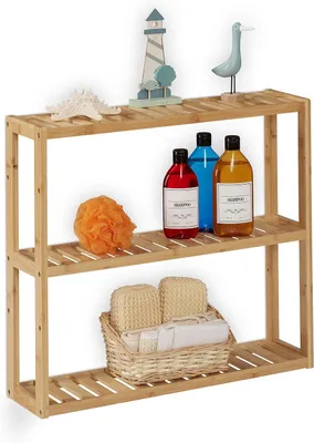 Obrázek produktu pro Police na koupelnu – bambus – 3 úrovně – výška nastavitelná – 54x60x15 cm – do koupelny a kuchyně – úzká nástěnná police – přírodní vzhled