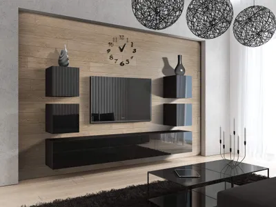 Produktbild von Furnitech Wohnwand Wohnzimmer | Wohnzimmer Möbel mit LED Blau | Hängend Wohnwand Modern | Wohnzimmer Schrankwand mit Regale und TV Schrank (Future C35/HG/B1 1B)