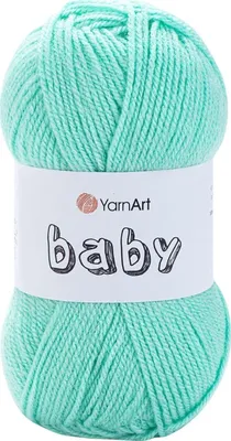 A ball of mint green yarn with a label.