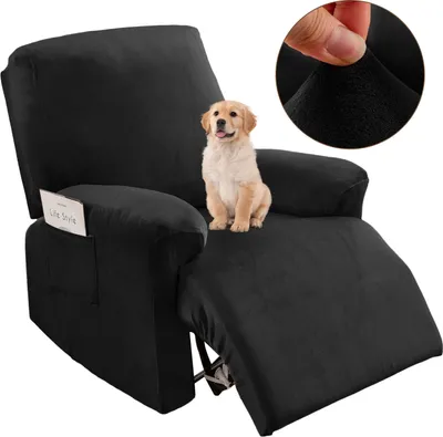 Produktbild von Relaxsessel Sesselbezug Stretch Samt Liegestuhlbezug mit Seitentasche 4-teiliges Set Elastischer Sesselschoner 1-Sitzer, Schwarz
