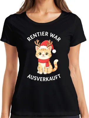 Produktbild von Rentier war t Weihnachten Katze lustig Geschenk süß Damen T-Shirt, Schwarz, XL
