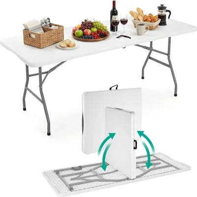 Obrázek produktu pro Skládací odkládací stolek – venkovní stůl do zahrady a na party – 180 x 75 x 74 cm – deska z HDPE, kovová konstrukce, odolný vůči povětrnostním vlivům, nosnost 150 kg – bílý