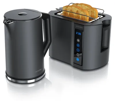Produktbild von Arendo Frühstücks-Set Edelstahl, Wasserkocher mit Temperatureinstellung 1,5l, Toaster 2 Scheiben Kurzschlitz, Brötchenaufsatz, Touch, Cool Grey