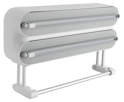 Immagine prodotto di Portarotolo da cucina 3-in-1 – Dispenser da parete per carta da cucina e pellicola – Adesivo – Organizer in legno con ganci – Per pellicola trasparente e carta forno – Grigio