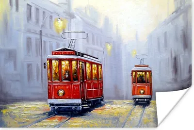 Produktbild von MuchoWow® Poster Gemälde - Straßenbahn - Stadt - Öl 180x120 cm - Fotoplakat