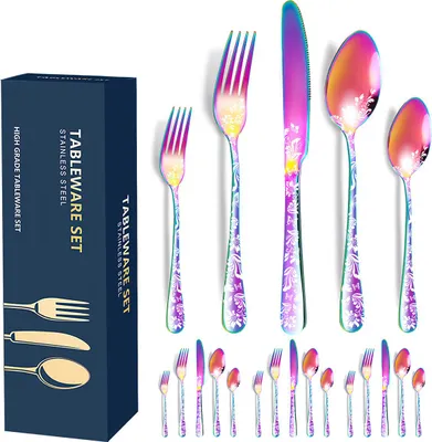 Produktbild von 20-teiliges Besteckset Edelstahl gehämmert für 6 Personen, spülmaschinenfest, ergonomischer Griff, Tafelmesser Gabel Löffel, elegantes Dinnerbesteck
