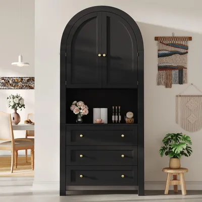 Zdjęcie produktu dla Czarna, wysoka szafka kuchenna o wymiarach 70x35x180 cm, wykonana z MDF, o kształcie łukowym, z trzema szufladami i drzwiczkami z cichym domykiem, idealna do kuchni i salonu