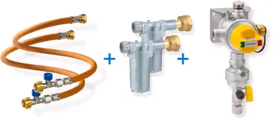 A collage of three gas-related components: hoses, filters, and a regulator.
