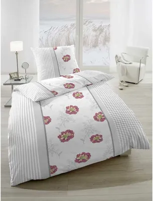 Produktbild von Hahn Feinbiber Bettwäsche Blumen Muster 100% Baumwolle Reißverschluss Bettbezug Kissenbezug Bettgarnitur Bettwäsche-Set Bettzeug 135x200 cm Grau