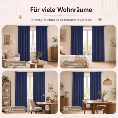 Produktbild von Dicke Thermovorhang Kälteschutz Verdunkelung Vorhänge Wärmeisolierend Gardinen für Schlafzimmer Wohnzimmer, 2 Stück, Blau, B140xH245cm
