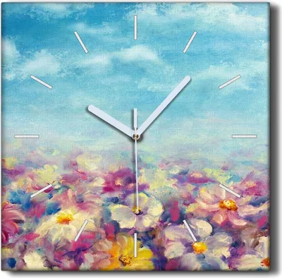Produktbild von Coloray Hodiny Unikátní 30x30 cm  Tiché hodiny Pro obývací pokoj a kuchyň Nástěnné hodiny Plátno Černé ručičky hodin - Květiny louky obloha