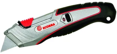 Produktbild von Ecobra Cutter Sicherheit Profi, Trapezklinge, Schieberaster mit 4-Punkt-Arretierung, Rechsthänder/Linkshänder, Metallgehäuse, inklusiv 5 Ersatzklingen, schwarz