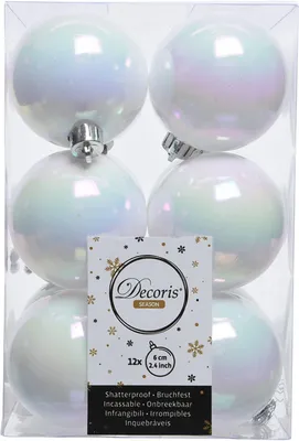 Obrázok produktu pre Plastové vianočné gule, 12 kusov, priemer 6 cm, perleťovo biele, vhodné na vianočný stromček