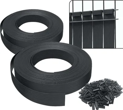 Two rolls of black PVC privacy screening strips and a pile of black clips are shown, with an inset image demonstrating how the strips are used to create privacy on a fence.