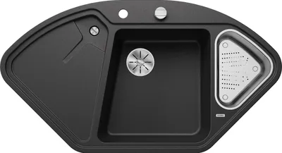 A top-down view of a black corner kitchen sink with a built-in drainer and strainer.