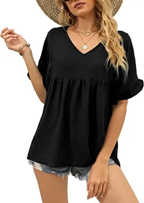 Produktbild von ASKSA Damen T-Shirt V-Ausschnitt Rüschen Kurzarm Shirt Sommer Hemd Tops Babydoll Shirts Oberteile, Schwarz, XXL