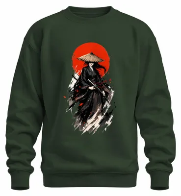 Imagen del producto de Camiseta de cuello redondo, estilo sudadera, con motivos de samurái, katana, Japón, estética Y2K, Bushido, Zen. Color verde botella, talla S