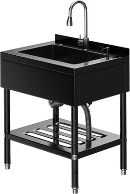 Productafbeelding van RVS spoelbak 65x53x100 cm, losstaande keukenspoelbak met 1 kom, professionele spoelbak met kraan, inclusief slangen voor koud en warm water, geschikt voor wasserij, buitenkeuken, horeca, winkel en restaurant