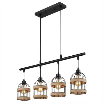 A black linear pendant light with four birdcage-style lampshades, each with a rope accent, against a white background.
