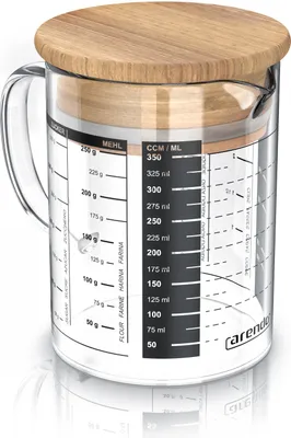 Produktbild von Arendo - 350ml Messbecher aus Glas - Messkrug Glas Krug – Borosilikatglas – präzise Skala – hitzebeständig – Mikrowellen geeignet – Glasbehälter mit Bambusdeckel - Silikondichtung