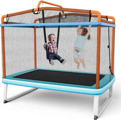 Produktbild von COSTWAY 3 v 1 dětská trampolína, zahradní trampolína obdélníková s houpačkou, vodorovná tyč, fitness trampolína s ochrannou sítí a krytem hran, vnitřní/venkovní trampolína 190 x 124 x 172 cm modrá + oranžová