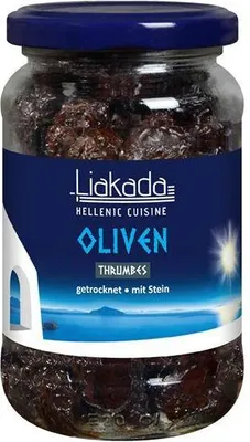 Produktbild von Liakada Schwarze Oliven Thrumbes getrocknet mit Stein 230 G Glas Vegan Glutenfrei Süßlich, würzig
