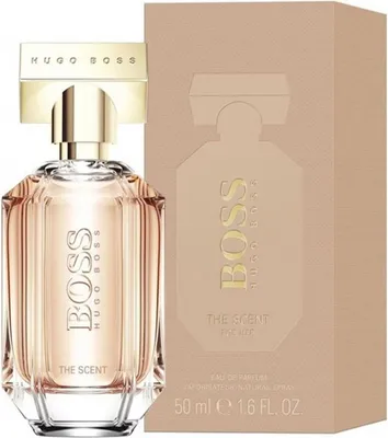 A Hugo Boss The Scent For Her Edp Spray perfume bottle and its packaging are displayed against a white background.