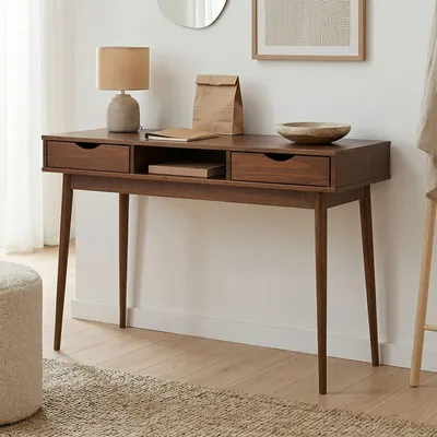 Produktbild von Schreibtisch STEFANO Kastanien farben - Bürotisch mit 2 Schubladen und Fach aus Massivholz, Home Office Tisch, moderner Arbeitstisch