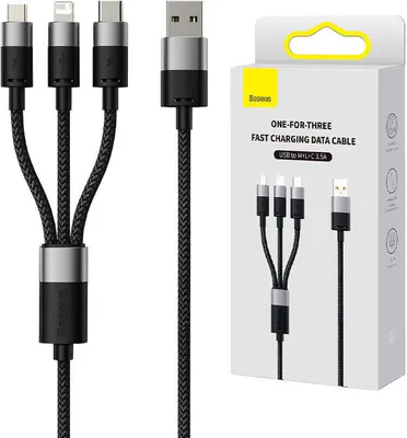 A product shot of a multi-charging cable and its packaging.