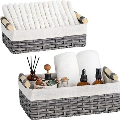 Immagine prodotto di Organizer in vimini per scaffali - Piccoli cestini decorativi in vimini per la casa - Cestino portaoggetti per l'organizzazione - Grigio