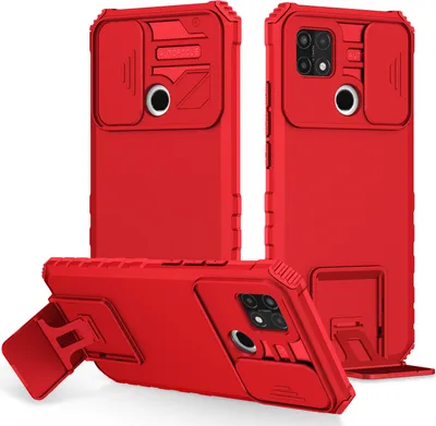 Immagine prodotto di Custodia per OPPO A15 a doppio strato robusta, protezione militare con supporto e protezione fotocamera scorrevole rossa