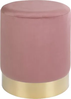 A pink velvet ottoman with a gold base.