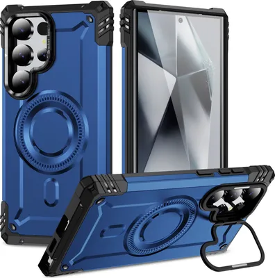 Produktbild von Magnetisch Hülle für Samsung Galaxy S24 Ultra, Heavy Duty Militärischer Stoßfest Handyhülle Kamera-Ringständer Blau