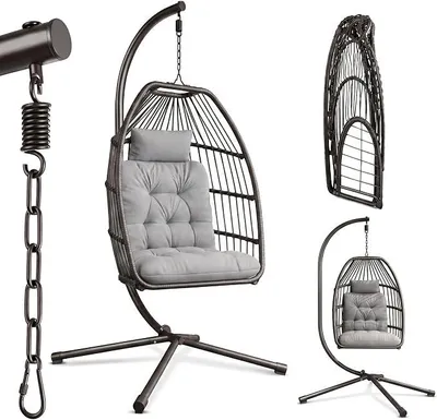 Produktbild von Hängesessel mit Gestell aus Polyrattan, faltbar & 360° drehbar, bis 160 kg belastbar, inkl. Kissen, Indoor & Outdoor für Garten Balkon Wohnzimmer, Grau