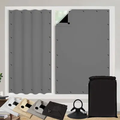 A product display showing portable blackout curtains and accessories.