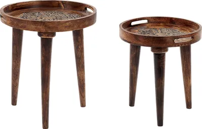 Produktbild von BELIANI Beistelltisch 2er Set Dunkelbraun aus Mangholz mit Griffen u. Verzierungen Vintage Retro Rustikal Rund Dreibein Couchtisch Set für Wohnzimmer