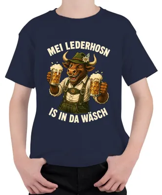 Immagine prodotto di Mei Lederhosn: Maglietta da uomo con motivo "Bue" e pantaloni tradizionali in pelle, taglia bambino, colore blu navy, taglia 152