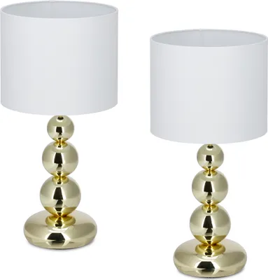 Obrázok produktu pre Stolná lampa Relaxdays, sada 2 ks, kovová základňa a látkový tienidlo, E27, VxH: 50 x 25 cm, nočná lampa do spálne, biela/zlatá