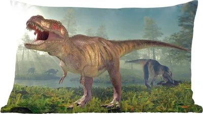 Produktbild von MuchoWow® Zierkissen Sofakissen Wohnzimmer Dekokissen 50x30 cm Dino - Gras - Zeichnung - Kinder - Jungen - Wohnzimmerdekoration - Polster mit Photo