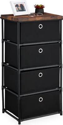 Immagine prodotto di Comodino Relaxdays, 4 cassetti in tessuto, metallo, effetto legno, 85x43x33 cm, soggiorno, ingresso, comodino ausiliario, nero/marrone