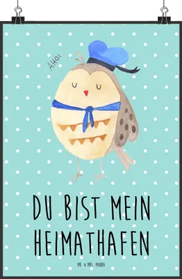 Produktbild von Mr. & Mrs. Panda Bild Eule Matrose DIN A2 - Türkis Pastell - Geschenk, Heimathafen, Freundin, drucke, Owl, Verliebt, Wandbild, Kunstdruck, wanddeko, Plakat