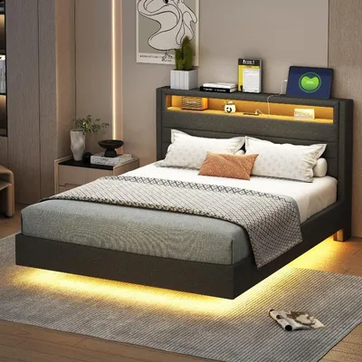 Produktbild von Polsterbett 140x200cm mit USB-Steckdose, LED-Licht und wendbarem Kopfteil mit Stauraum, Leinenstoff grau, verstecktes Fußteil für Schlafzimmer