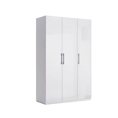 Produktbild von 3-türiger Kleiderschrank Weiß Hochglanz mit Einlegeböden und Kleiderstangen, Metallgriffe, 1344x2106x550 mm