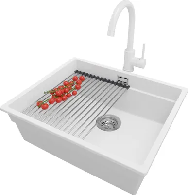 Produktbild von PRIMAGRAN Unterbauspüle Granit Weiß 56x47cm, Spülbecken 1 Becken + Ablauf-Set + Küchenzubehörset, Granitspüle ab 60er Unterschrank - Praga