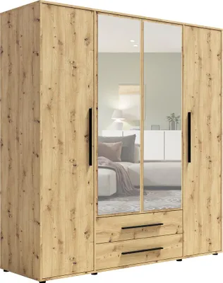 Produktbild von Schlafzimmer Kleiderschrank mit 198 cm Breite, Eiche mit schwarzen Griffen, mit 4 Türen & 2 Schubladen - MOLLERUSA-132
