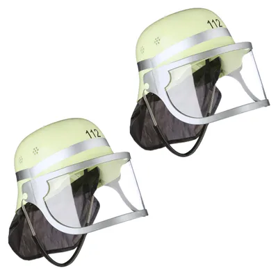 Produktbild von Relaxdays Feuerwehrhelm Kinder 2er Set, verstellbar, klappbares Visier, Nackentuch, Feuerwehr, HBT 24,5x22,5x28 cm, gelb